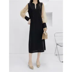 ☆ ベージュ×ブラック ☆ Mサイズ ☆ ワンピース 春 夏 秋 レディース ワンピース レディース 長袖 ロングワンピース ロングワンピ ワンピ フォーマルワンピ ロング丈 ロング ボリューム袖 シアー袖 シフォン ゆったり 体型カバー 無地 カジュアル