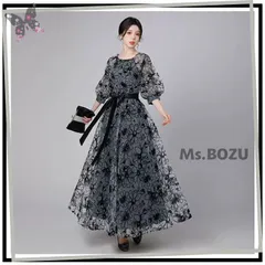 【新品】ドレス ワンピース イブニングドレス 結婚式 演奏会 お呼ばれ 発表会 舞台衣装 パーティードレス  ぽあん袖 エレガント 高級感  グレー  レース シフォン 花柄 黒  M