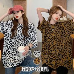 Tシャツ レディース トップス 半袖 夏 ロング丈 ヒョウ柄 体型カバー 大きいサイズ ティーシャツ クルーネック カジュアル シンプル ベーシック 大人 着痩せ 韓国風jiaozm02