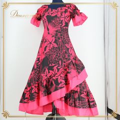 フラダンス 衣装 ワンピース ドレス ブラック系 マーメイドライン フラ ダンス 花柄 ハワイアン 鮮やか フリル MermaidLine MMJ 日本製 華やか ツートン アロハ ピンク系 ③ フラダンス 衣装 ワンピース ドレス ブラック系 マーメイド