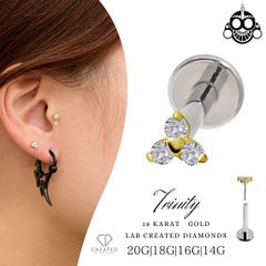 18金ゴールド ピアス ダイヤモンド MINI トリニティ プッシュピアス 20G 18G 16G 14G K18ゴールド チタンピアス 金属アレルギー対応 ラブレットスタッド ボディピアス ロブ 軟骨ピアス