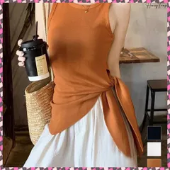 アシンメトリートップス サイドスリット夏服 こなれ感ニットソー プルオーバー無地 ニットトップス ラウンドネック タンクトップ サマーニのサムネイル