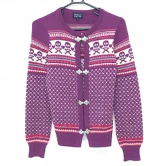 【美品】パーリーゲイツ ニットカーディガン パープル×白 総柄編み スカル 羊毛混 レディース 1(M) ゴルフウェア PEARLY GATES