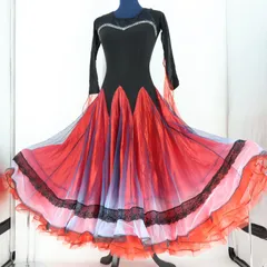 【社交ダンス衣装】ブラック ワンピース ドレス 黒 レッド 赤 フリル レース ブルー 青 フロート 伸縮 軽い ストレッチ 発表会 パーティ デモ 競技用 レディース ダンス用 コスチューム ボリューム 軽い 長袖