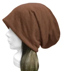 ◇送料無料◇　ハンドメイド◆ロングルーズワッチキャップ◆リネンスラブニット／杢ブラウン　◇オールシーズン着用・ゆったりサイズ・小顔効果◇