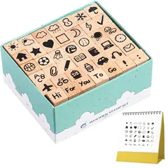 【在庫セール】木製スタンプ 42個セット 数字＆曜日 デコスタンプ 天気 日常 ハンコ ボックス入り 手帳 印鑑 Diy クラフト用 (天気＆日常生活)