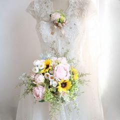 ひまわりとバラのクラッチブーケ　造花　前撮り　フォトウェディング　416