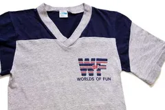70s USA製 Championチャンピオン WORLDS OF FUN 染み込みプリント ツートン Vネック Tシャツ 杢グレー×紺 S★ビンテージ バータグ