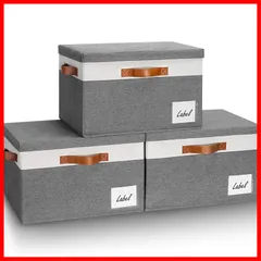【早発送】L 収納ボックス 蓋付き 幅40×奥行30×高さ26cm 3点セット 折りたたみ式 収納ケース ハンドル付き 分類用ラベル 丈夫なキャンバス生地 ボックス 整理用 カラーボックス 特大 - グレー 蓋付き - グレー/ホワイト