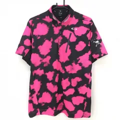 【超美品】オークリー 半袖ポロシャツ 黒×ピンク 総柄 スカル ティー装着可 メンズ XL ゴルフウェア Oakley