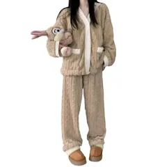 【特価商品】部屋着 体型カバー 可愛い 暖かい ルームウェア もこもこ ウエストゴム ロングパンツ 前開き ポケット付き 長袖 ボタン付き トップス 春秋冬 フランネル ケーブル柄 Vネック 上下セット パジャマ レディース [GlamollaMisse]