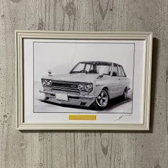 【鉛筆画】nissan 510ブルーバード　名車 旧車 ノスタルジックカー イラスト 絵画 デッサン 絵　A4サイズ   額付き 作者直筆サイン入り 車好き 男性 向け バースデー  退職祝い ギフト クリスマス プレゼント にも最適