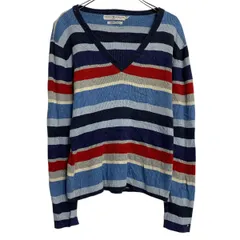TOMMY HILFIGER ニット セーター XL ライトブルー マルチカラー トミーヒルフィガー プルオーバー Ｖネック 古着卸 アメリカ仕入 a612-7435