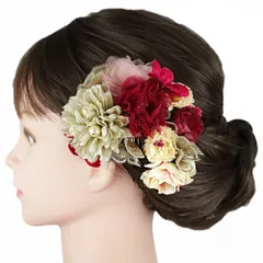 髪飾り 成人式 振袖 2点セット ゴールド 赤 ピンク ワインレッド オフホワイト アンティーク調 花飾り ビーズ コーム Uピン 京 No.12-1028
