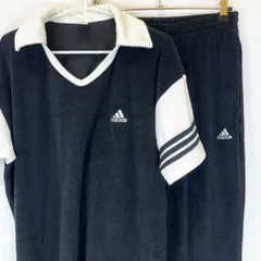 [上下セット] アディダス 半袖 トップス トラックパンツ ジャージ ゴムウエスト パイル地 ライン L-O ブラック メンズ ADIDAS デサント ビンテージ セットアップ