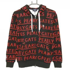 【新品】パーリーゲイツ ジップパーカー 黒×レッド ロゴ総柄 刺しゅう白 レディース 0(S) ゴルフウェア PEARLY GATES