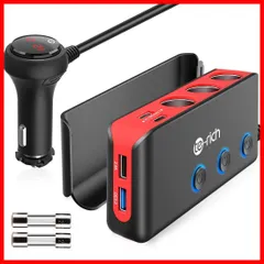 カーチャージャー 最大120W 延長 急速充電 1m ヒューズ qc3.0/2.4A 10A 分岐 車載充電器 12V/24V 4ポート 電源取り出し ソケット usb 個別と一括スイッチ付 増設 電圧計 カー 3連 アクセサリー シガーソケット ソケット 分