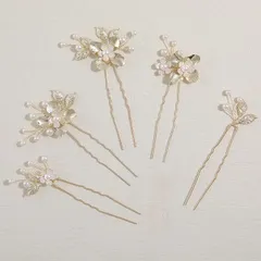 【在庫処分】Famihot 髪飾り ヘアアクセサリー 花 木の葉モチーフ パールヘアピン 5本セット Uピン ヘッドドレス ウェディング 結婚式 お呼ばれ 披露宴 卒業式 発表会 和装用 手作り髪飾り 合金製 (02)