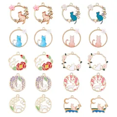 【特価商品】SUNNYCLUE　猫の花　10種20個　チャーム　フラワー　パーツ　ねこ　バラ　イヤリング　猫　ネックレス　花　ネコ　ピアス　花びら　合金ペンダント　薔薇　ローズ　花型　藤　エナメルペンダント　すずらん　透かし　キーホルダー　チョーカー　ブレスレ