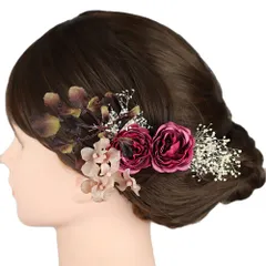 髪飾り 成人式 薔薇 赤紫 ワインレッド 振袖 前撮り 袴 花 ピンク 白 モスグリーン バラ カスミソウ 小さい 2点セット ナチュ No.9-5452