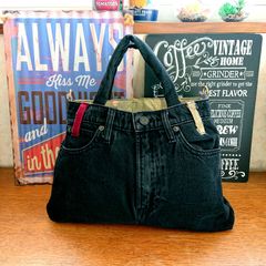 30★USEDダメージ 黒デニムリメイク トートバッグ ジーパンリメイク ジーンズリメイク★