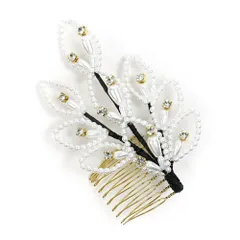 髪飾り コーム型 ラインストーン パール ゴールド 白 キラキラ リーフ 葉 小さい かんざし かわいい 粋 日本製 おしゃれ 上品 No.9-3379