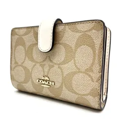 ✨良品✨COACH コーチ 二つ折り財布 コンパクトウォレット シグネチャー PVC レザー 革 ベージュ 肌色 ホワイト 白色 ユニセックス 男女兼用 メンズ レディース
