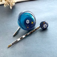 ポニーフックとヘアピンセット　星夜の結晶　ネイビー　スノームーン　月　三日月　夜空　冬　結晶　髪飾り　まとめ髪　ハンドメイド