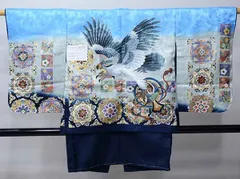 七五三 五歳 男児 羽織・着物・襦袢3点セット S寸 水色 鷹 お仕立て無料 祝着 NO30229-2