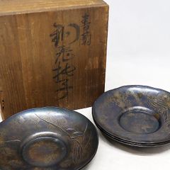 煎茶道具 純錫 茶托 五枚組 秦蔵六 共箱 張松齢之作意 富岡鉄斎五清画