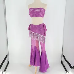 【ベリーダンス用衣装】パープル×ピンク レッスン着 上下セット 紫 ラメ 花柄 トップス フレアパンツ セット レース生地 華やか 可愛い フリル