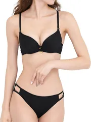 Chica Hurra レディース ブラジャー ショーツ 上下セット ブラショーツセット 女性下着 リング 谷間見せ おしゃれ 伸縮性素材 可愛い 脇高 かゆくない しめつけない ひびかない下着 透けないインナー(ブラック,  F75)