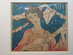 竹久夢二　木版画　「 ギターを弾く女 」　額装品
