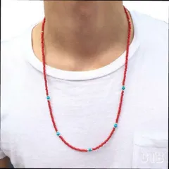 3mm 赤ビーズネックレス ターコイズストーンmix 長さ60cm