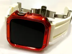 レッドホワイトシルバー＠カスタム セット アップルウォッチバンド ラバーベルト Apple Watch カバー ケース メンズ レディース 38mm 40mm 41mm 42mm 44mm 45mm