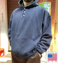 90s USA製 ラッセル ヘンリーネック プルオーバー パーカー XXL 紺系 ダメージ スウェット フーディ アメリカ製 ビンテージD149-13-0020ZVW