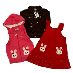 mikihouse ミキハウス DOUBLE.B ダブルビー ワンピース ベスト デニムジャケット 3点セット 赤 ピンク グレー系 ジャンバースカート 派手 うさぎ 上着 キッズ 110cm