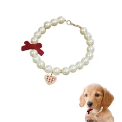 [Sunny Glow] ペット 首輪 フェイクパール ネックレス 猫 小型犬用 リボン チェック柄 ハート チャーム付き ラインストーン 調節可能 アクセサリー (レッドS) 