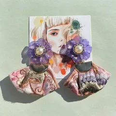 21♦️即購入ピアス♦️ ラベンダーラメフラワーパール ×インド刺繍リボンピアス♦️ タッセル イヤリング インド刺繍 刺繍 刺繍リボン フラワー カボション ジャガード織り 花柄リボン 大ぶり ピンク バイオレット 着物