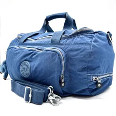 【良品】 Kipring キプリング 2way ボストンバッグ ショルダーバッグ ロゴ型押し ゴリラチャーム シルバー金具 A4収納 大容量 肩掛け 斜め掛け ナイロン レザー レディース ブルー 青色