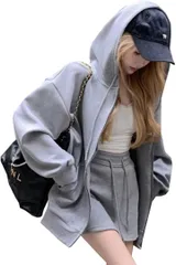 BEYANE セットアップ スウェット レディース スカート ストリート カジュアル 2点セット パーカー 韓国 服 お洒落 ファッション ショートパンツ スーツ ホテル ルームウェア フード付き トレーナー スエット(グレー,  M)