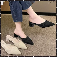 ニットミュールパンプス チャンキーヒールレディース ポインテッドトゥ パンプスサンダル 履きやすい かかとなしパンプス 歩きやすい キレイめ 美脚サンダル韓国風疲れにくいシューズ 太ヒール パンプス オフィスカジュアル