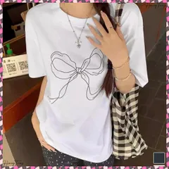 送料無料 リボンプリントTシャツ レディース 半袖 イラストTシャツ大人可愛い ラウンドネック白t ゆったりトップス体型カバー シンプルカットソーお洒落クルーネックtシャツ ロングtシャツ半袖 着やせtシャツ夏服 カジュアル服韓国風