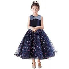 160_1/ネイビー [VIISEN] 子供 ドレス ピアノ 発表会 子ども ドレス キッズ 女の子 ドレス 演奏会 ロングドレス ジュニア ドレス フォーマル ワンピース リボン付き エレガント 結婚式 パーディー 120-170cm (1/ネイビー 160