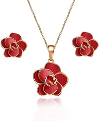 CHLOEOS バラピアス ネックレスセット 蔷薇ローズ レディースシンプル K18金(レッド)