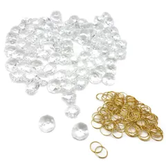(エスネット) 二つ穴 クリスタル ビーズ シャンデリア 八角 14ｍｍ 手芸 ビジュー パーツ リング 付 のれん サンキャッチャー セット SN-256-CT カーテン テーブル（クリア 100個） [クリア100]
