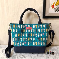 ★セール品(現品限り)  2WAY猫柄ミニトートバッグ 干されたネコ ターコイズブルー&ネイビー ハンドメイド メンズ レディース ハンドバッグ ショルダーバッグ