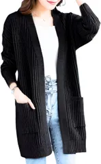 Elixio エリクシオ カーディガン ロングカーディガン ニット あったか 羽織り レディース トップス モコモコ 厚手 Vネック 秋冬 ミドル丈 リブ編み 体型カバー(ブラック,  S)
