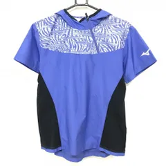 【超美品】ミズノ フード付半袖ブルゾン ブルー×ネイビー 上部総柄 ハーフジップ  レディース  ゴルフウェア MIZUNO