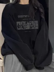 【ブラック】厚手 秋冬 長袖 トレーナー スウェット ビッグサイズ ユニセックス カジュアル シンプル 無地風 韓国系 ストリートファッション ビッグシルエット ルーズフィット